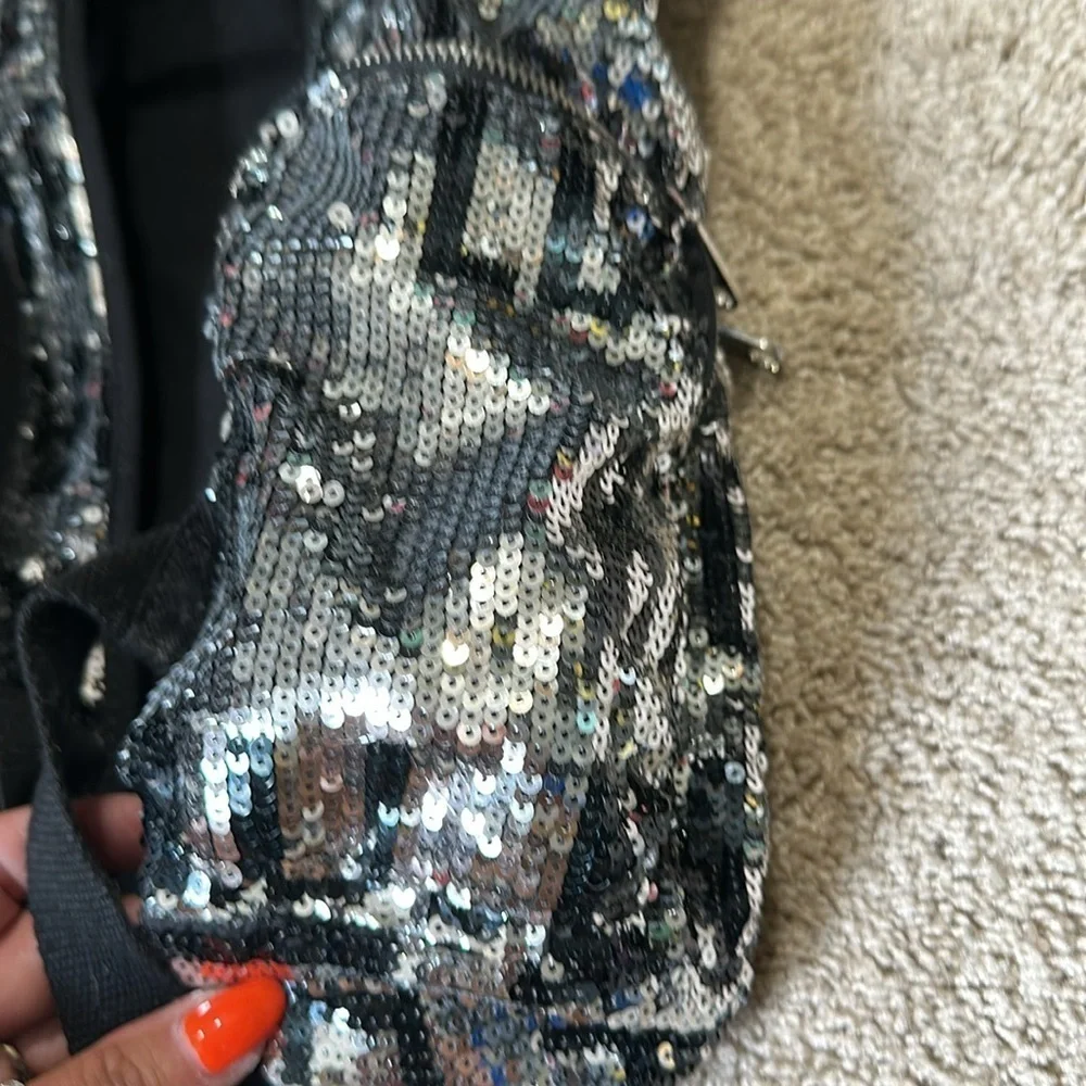 Y2k Victoria's Secret PINK Sequin Bling Backpack Book Bag Travel Silver Black